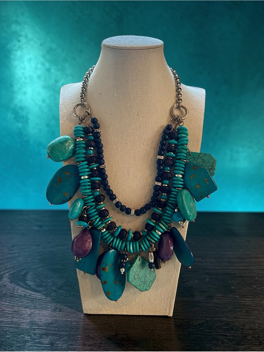 Boho Chico’s Multi-strand Stone Slab Necklace NWT Turquoise Cobalt Purple Beads